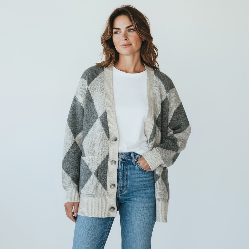 Abercrombie & Fitch Argyle Cardigan Oversized Fit Grandpa Sweater